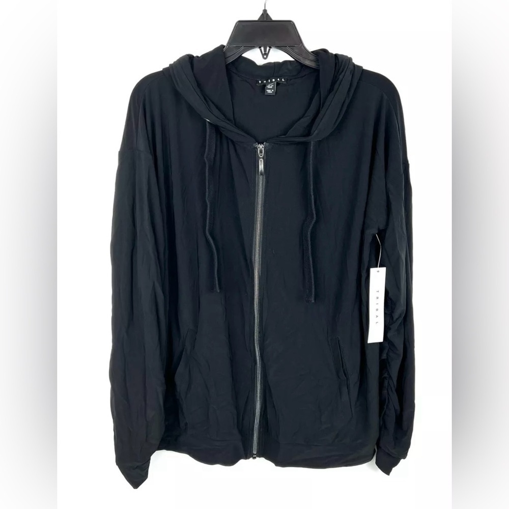 Tribal Women’s Black Hooded Zip Up Lightweight Jacket Size Medium